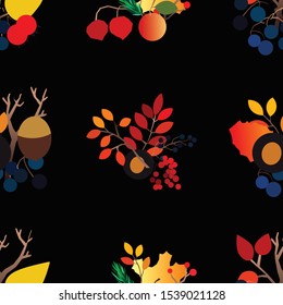 Autumn vector seamless pattern with berries, acorns, pine cone, mushrooms, branches and leaves. Fashion, fabric and prints, wrapping paper.