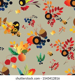 Autumn vector seamless pattern with berries, acorns, pine cone, mushrooms, branches and leaves. Fall colorful background. Fashion, fabric and prints, wrapping paper.