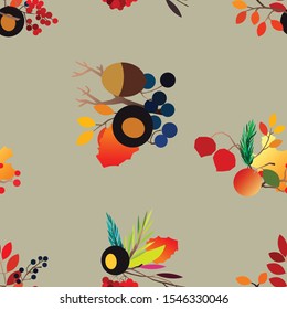 Autumn vector seamless pattern with berries, acorns, pine cone, mushrooms, branches and leaves. Fall colorful background. Fashion, fabric and prints, wrapping paper.