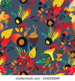 Autumn vector seamless pattern with berries, acorns, pine cone, mushrooms, branches and leaves. Fall colorful background. Fashion, fabric and prints, wrapping paper.