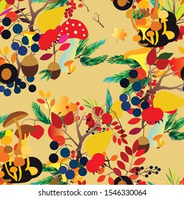 Autumn vector seamless pattern with berries, acorns, pine cone, mushrooms, branches and leaves. Fall colorful background. Fashion, fabric and prints, wrapping paper.