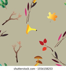 Autumn vector seamless pattern with berries, acorns, pine cone, mushrooms, branches and leaves. Fall colorful background.  