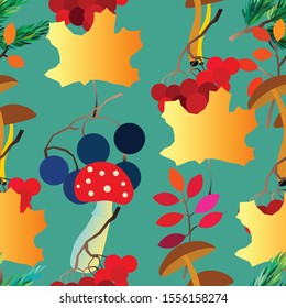 Autumn vector seamless pattern with berries, mushrooms, branches and leaves. Fall colorful background. Fashion, fabric and prints, wrapping paper.