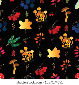 Autumn vector seamless pattern with berries, acorns, pine cone, mushrooms, branches and leaves.