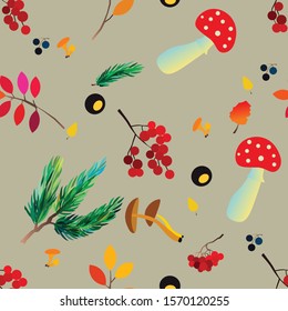 Autumn vector seamless pattern with berries, acorns, pine cone, mushrooms, branches and leaves. Fall colorful background. Fashion, fabric and prints, wrapping paper.