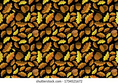 Autumn vector seamless pattern with bright oak leaves and acorns on black background.Gold fall cover. Yellow and orange floral elements for fabric, wallpaper, wrapping paper. 