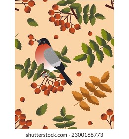 Autumn vector seamless pattern with bullfinch bird