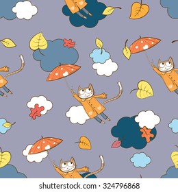 Autumn vector seamless pattern with  cats flying in the sky on umbrellas.