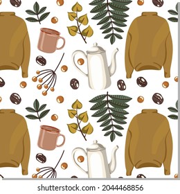 Autumn vector seamless pattern with coffee, leaves, sweater, mug and other object. Beautiful fall design. 