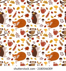 Autumn vector seamless pattern with cute forest animals, mushrooms and falling leaves