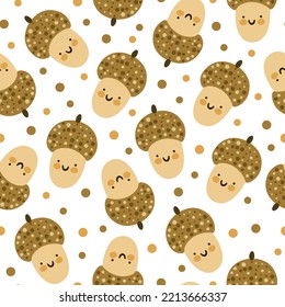 Autumn Vector Seamless Pattern With Cute Cartoon Smiling Acorns and Dots on a White Background. Children's print, textile design, packaging paper. Funny Forest Characters.