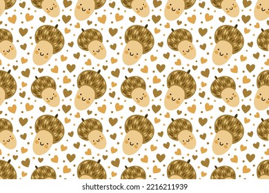 Herbstvektor-Muster nahtlos mit scharfem Cartoon Lächeln braunen Acorn, Herzen und Punkten auf weißem Hintergrund. Kinderdruck, romantisches Textildesign, Verpackungspapier. Funny Forest Characters.