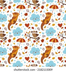Autumn vector seamless pattern with cutecat, owl, mushrooms and falling leaves