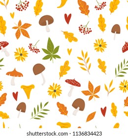 Autumn vector seamless pattern in doodle style with flowers, moshrooms and leaves on white background. Gentle, autumn floral background.