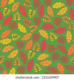 Autumn vector seamless pattern - fallen leaves on a green background.	

