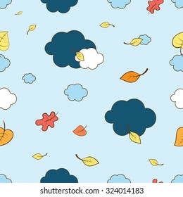 Autumn vector seamless pattern with the falling leaves against  sky and clouds.