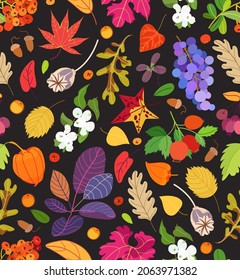 Autumn vector seamless pattern with floral elements: berries, colorful leaves, branches, grape, physalis and acorns. Hand drawing natural texture. Forest vintage background