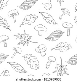 Autumn vector seamless pattern with forest edible mushrooms and leaves on white background. Great for fabrics, wrapping papers, wallpapers, covers. Doodle sketch style illustration in black ink. 