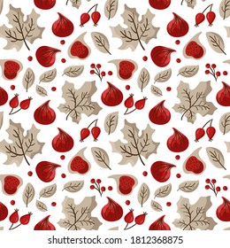 Autumn vector seamless pattern of fruits figs, berries, and maple leaves. Abstract background Thanksgiving Day, texture illustration for children textile, wallpaper.