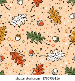 Autumn Vector Seamless Pattern. Hand Drawn Doodle Oak Tree Leaves and Acorns. Colorful Background