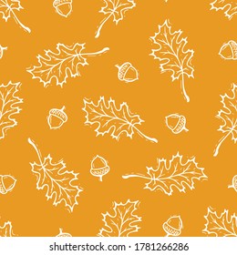 Autumn Vector Seamless Pattern. Hand Drawn Doodle Oak Tree Leaves and Acorns. Yellow Background