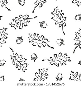 Autumn Vector Seamless Pattern. Hand Drawn Doodle Oak Tree Leaves and Acorns. Black and White Background