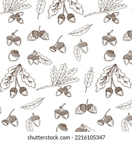 Autumn Vector Seamless Pattern. Hand Drawn Doodle Oak Tree Leaves and Acorns. Brown on White Background