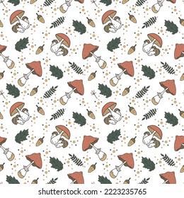 Autumn vector seamless pattern with hand drawn funguses, fall leaves, berries.