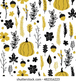 Autumn vector seamless pattern. Hand draw autumn leaves background.