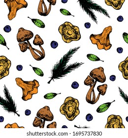 autumn vector seamless pattern with hand-drawn mushrooms, berries, fir branches and leaves. it can be used as Wallpaper, background, print, textile design, notebooks, phone cases, packaging paper.