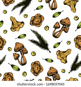 autumn vector seamless pattern with hand-drawn mushrooms, berries, fir branches and leaves. it can be used as Wallpaper, background, print, textile design, notebooks, phone cases, packaging paper.