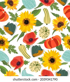 Autumn Vector seamless pattern. Autumn leaf, nut, berry, pumpkin, corn, wheat, mushroom, grape, jam, apple, pear on white background. Boundless pattern for your design. Harvest time. Thanksgiving day