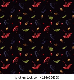 Autumn vector seamless pattern of leaves and berries on black background. Detailed hand drawn floral pattern. For design of textiles, paper, clothing, case phone cover,gifts, for fashion, fabric