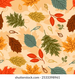 Autumn vector seamless pattern with leaves, acorns, berries for printing, design, sale, banner