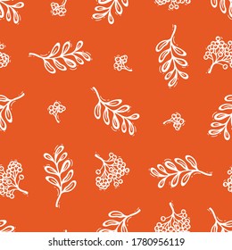 Autumn Vector Seamless Pattern with Mountain Ash, Rowanberry. Hand Drawn Doodle Rowan Tree Leaves and Berries. Red Background