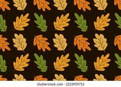 Autumn Vector Seamless Pattern With Multicolored Oak Leaves on a Black Background. Forest Natural Print, Textile Design, Packaging Paper. Leaves In Autumn Bright Colors.