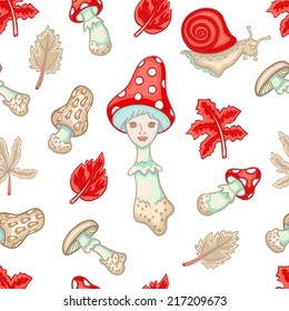 Autumn Vector Seamless Pattern with Mushrooms, Snails, Leaves and Fly Agaric Girl Seamless pattern can be applied on different surfaces such as wallpaper, web page background, fabrics, plastic cases