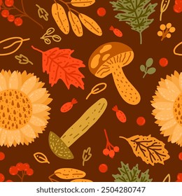 Autumn vector seamless pattern with mushrooms, sunflowers, leaves, berries for printing, design, sale, banner