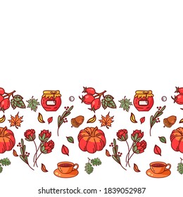 Autumn vector seamless pattern on white background. Maple leaves, rose hips, a mug of tea, jam, pumpkin, acorn, artichoke flowers. Perfect for printing on fabric, paper.