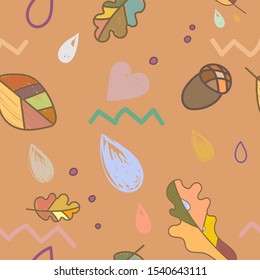 Autumn vector seamless pattern with orange leaves, acorns, drops of water, hearts.Good for pattern, paper, textile.