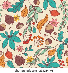 Autumn vector seamless pattern with red and orange leaves