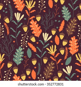 Autumn vector seamless pattern with red and orange leaves. Cute vector backgrounds in warm retro colors. Seamless pattern can be used for wallpaper, pattern fills, surface textures