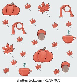 Autumn vector seamless pattern. In red with pumpkin and leaves.