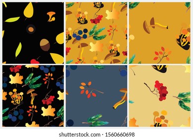 Autumn vector seamless pattern set with berries, acorns, mushrooms, pine branches and leaves. Fall colorful background. Fashion, fabric and prints, wrapping paper.