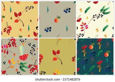 Autumn vector seamless pattern set with berries, acorns, pine cone, mushrooms, branches and leaves. Fall colorful background. Fashion, fabric and prints, wrapping paper.