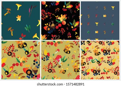 Autumn vector seamless pattern set with berries, acorns, pine cone, mushrooms, branches and leaves. Fall colorful background. Fashion, fabric and prints, wrapping paper.