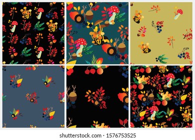 Autumn vector seamless pattern set with berries, acorns, pine cone, mushrooms, branches and leaves. Fall colorful background. Fashion, fabric and prints, wrapping paper.