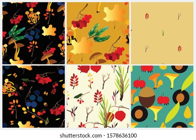 Autumn vector seamless pattern set with berries, acorns, pine cone, and leaves. Fall colorful background. Fashion, fabric and prints, wrapping paper.