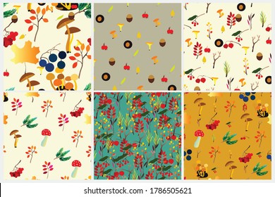 Autumn vector seamless pattern set with berries, acorns, pine cone, mushrooms, branches and leaves. Fall colorful background. Fashion, fabric and prints, wrapping paper.