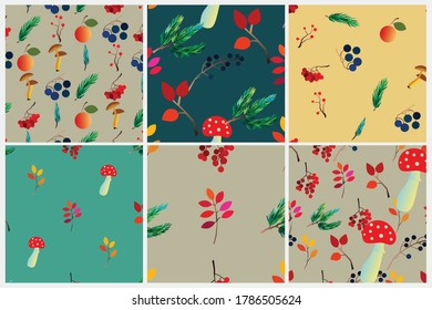 Autumn vector seamless pattern set with berries, acorns, pine cone, mushrooms, branches and leaves. Fall colorful background. Fashion, fabric and prints, wrapping paper.